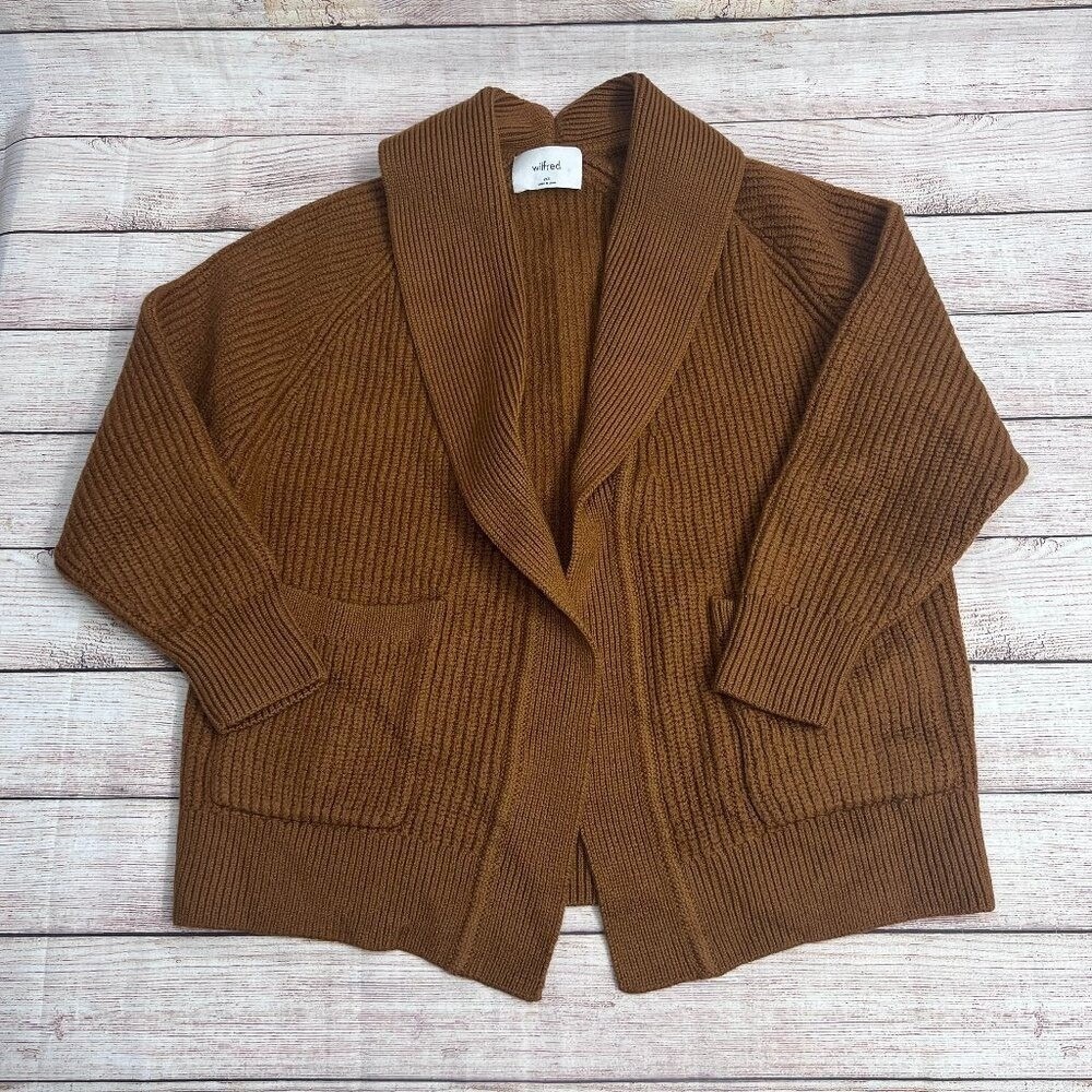 Wilfred‎ Cardigan Women 2XS Brown Shawl Collar Ribbed Knit Open Front Pockets